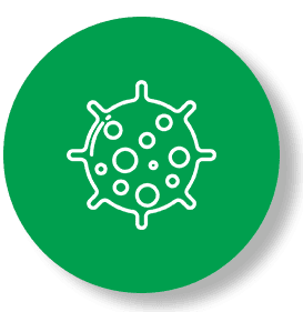 A green button with an image of a virus.